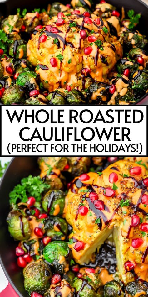 Vegan Thanksgiving Vegetable Dishes, Vegan Gf Holiday Recipes, Meat Free Monday Recipes, Vegan Thanksgiving Dressing, Wfpb Christmas Recipes, Vegan Roasted Cauliflower Recipes, Vegan Vegetable Bake, Whole Roast Cauliflower, Vegan Holiday Main Dish