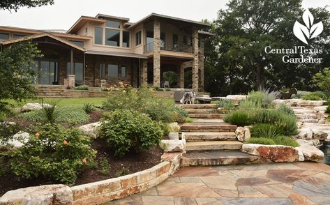 Tx Hill Country Landscaping, Texas Hill Country Backyard, Texas Hill Country Garden, Texas Hill Country Exterior, Camp Fimfo Texas Hill Country, Texas Plants, Deer Fence, Gravel Patio, Front Walkway