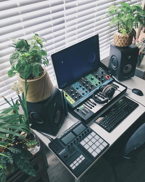 Peace and (mostly) quiet ✌🏼-- this one is a favorite. Small, green, alive home studio setup for production n song writing. -- #musicproduction #studio #musicstudio #studiosetup #music #mixing #recordingstudio #ableton #dj #djgear Music Studio Architecture, Music Production Desk, Bedroom Music Studio, Minimal Studio, Desk Simple, Home Studio Ideas, Home Music Rooms, Song Writing, Studio Architecture