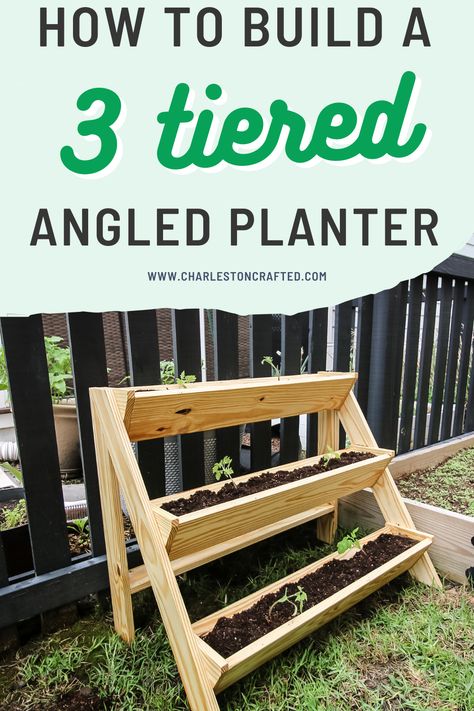 DIY angled three tiered planter - Charleston Crafted Side Yard Gate, Kreg Jig Projects, Deck Railing Planters, Yard Gate, Herb Boxes, Indoor Plant Wall, Tiered Planter, Garden Planter Boxes, Tiered Garden