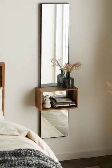 Mirrors Behind Nightstand Ideas, Wall Bedside Table, Bedside Table Styling, Shelf Bedside Table, Floating Bedside Table, Bedside Table Decor, Floor Length Mirror, Casa Clean, Shelves Wood