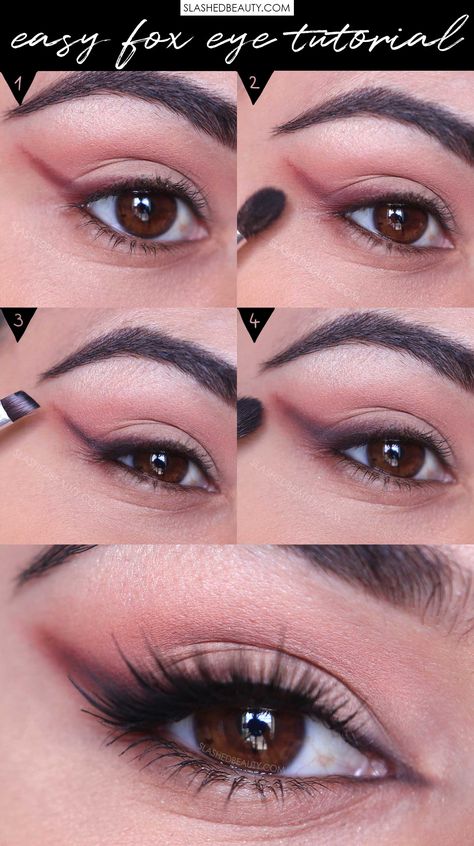 5-Step Easy Fox Eye Makeup Tutorial | Slashed Beauty #foxeye #makeuptutorial #eyeshadowtutorial #eyelinertutorial #foxeyetutorial #glammakeup Fox Eyeliner Tutorial Hooded Eyes, Fox Eye Tutorial, Easy Fox Eye Makeup, Fox Eye Makeup Tutorial Hooded Eyes, Foxy Eyes Make Up Hooded Eyes, Fox Eye Makeup Tutorial, Soft Foxy Eyes Make Up, Fox Eye Tutorial Step By Step, Foxy Eye Makeup Tutorial