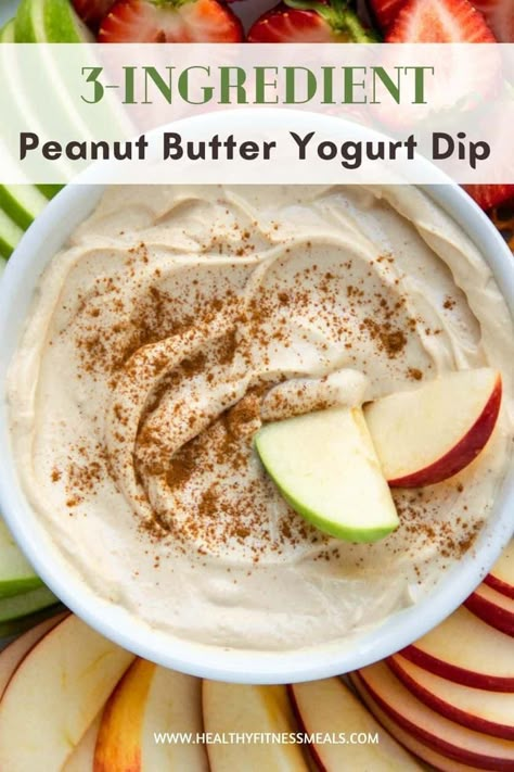 This Peanut Butter Yogurt Dip is made with 3 simple ingredients using Organic Greek Yogurt, honey, and peanut butter. It is so easy to make, creamy, and so delicious. #yogurtdip #peanutbutterdip #fruitdip #yogurtfruitdip #healthyfruitdip via @healthyfitnessmeals Yogurt Fluff, Peanut Butter Fruit Dip, Greek Yogurt Snacks, Metabolism Makeover, Staple Meals, Peanut Butter Yogurt Dip, Fluff Dip, Yogurt Fruit Dip, Greek Yogurt And Peanut Butter