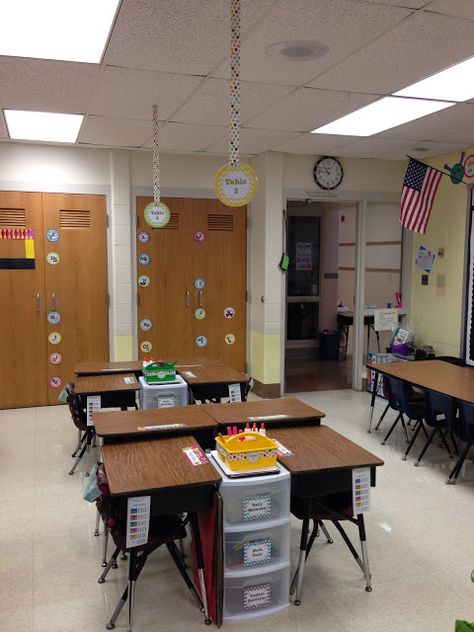 Love this desk set up with the storage bins!  Great idea! Classroom Group Organization Desk Arrangements, Desk Groups Classroom, Classroom Student Desk Setup, Student Storage For Tables, Desk Placement In Classroom, Classroom Desk Set Up Elementary, Student Desk Organization Ideas, Team Tables Classroom, Desk Groupings Classroom