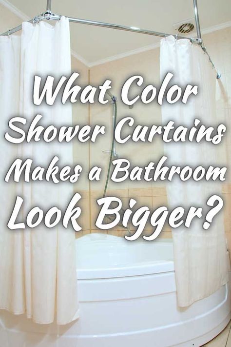 What Color Shower Curtain Makes A Bathroom Look Bigger? Article by HomeDecorBliss.com #HDB #HomeDecorBliss #homedecor #homedecorideas Bathtubs With Shower Curtains, Two Shower Curtains Modern, White Shower Curtain Bathroom Decor, Shower Curtain Display Ideas, Long Shower Curtains Small Bathroom, Best Shower Curtains For Small Bathroom, Bathroom With Shower Curtains, Boho Bathroom With Shower Curtain, Shower Courtines Ideas