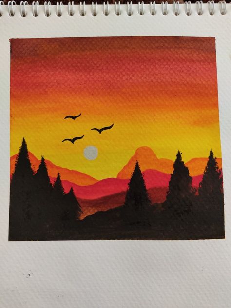 Draw Black, Sunset Watercolor, Easy Landscape Paintings, Watercolor Art Landscape, Colour Art, Colour Painting, Simple Canvas Paintings, Watercolor Sunset, Painted Boxes