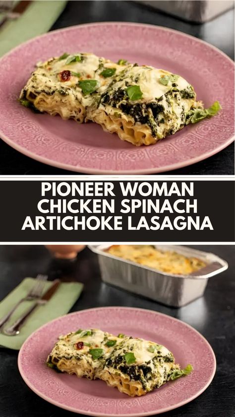 This easy Pioneer Woman Chicken Spinach Artichoke Lasagna is a creamy and delicious meal that’s perfect for busy weeknights. It’s quick to prepare and uses common ingredients you likely already have on hand. Enjoy the comforting layers of cheesy goodness, topped with crispy mozzarella, for a satisfying family dinner everyone will love! Pioneer Woman Spinach Lasagna, Chicken Spinach Artichoke Lasagna Pioneer Woman, Pioneer Woman Recipes Lasagna, Pioneer Woman Layered Chicken Spinach Artichoke Lasagna, Pioneer Woman Spinach Artichoke Lasagna, Pioneer Woman Chicken Artichoke Lasagna, Pioneer Woman Chicken Artichoke Lasagna Roll Ups, Pioneer Woman Recipes Spinach Artichoke Chicken Lasagna, Chicken Spinach Artichoke Lasagna Roll Ups Pioneer Woman