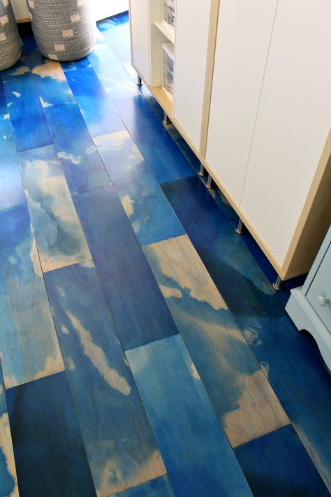 Stained Plywood Floors Diy, Blue Painted Floor, Indigo Interiors, Stained Plywood Floors, Blue Flooring, Craft Room Makeover, Plywood Floors, Tiles Diy, Geometric Living Room