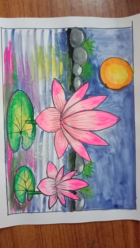 Drawing For 6 Yrs Old, Drawing For 10 Yrs Old, Lotus Scenery Drawing, Four Seasons Drawing For Kids, Lotus Drawing For Kids, Monsoon Drawings For Kids, Senery Drawings For Kids, Scenery Drawing For Kids, Oil Pastel Drawings Easy