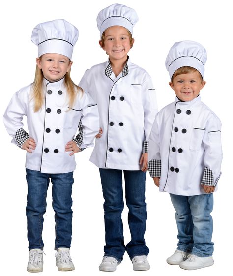 The Jr. Chef jacket with hat is a must have for any aspiring Chef!   High quality, durable design for hours of fun.  Machine washable too!  Includes double breasted jacket with black piping and real working pockets.  It will make a great gift for girls and boys of all ages.  This item has been tested to meet applicable standards for children's products. Hat Halloween Costume, Chef Costume, Junior Chef, Firefighter Costume, Chef Jackets, Cowboy Costume, Chef Clothes, Cinderella Costume, Chefs Hat