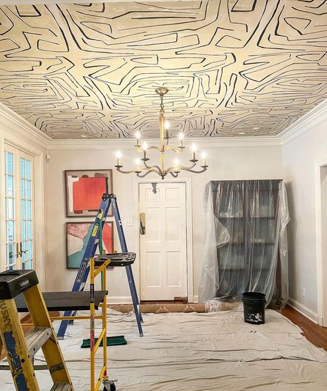 Wallpaper Ceiling Dining Room Modern, Ceiling Wallpaper Living Room, Dining Room With Wallpaper Ceiling, Whole Room Wallpaper, Wallpaper Wall And Ceiling, Wallpaper On Ceiling Office, Ceiling Wallpaper Dining Room, Dining Room Wallpaper Ceiling, Wallpaper On Ceilings