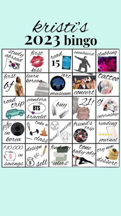 Bingo Vision Board, 2023 Bingo, Childhood Memories 2000, Kiss Art, New Years Resolution, Connect With People, Your Aesthetic, Bingo, Creative Energy