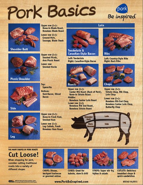 Different Cuts of Pork Pork Cuts Chart, Meat Cuts Poster, Food Etiquette, Beef Cuts Chart, Pastured Pigs, Picnic Roast, Food Infographic, Info Graphics, Pork Meat