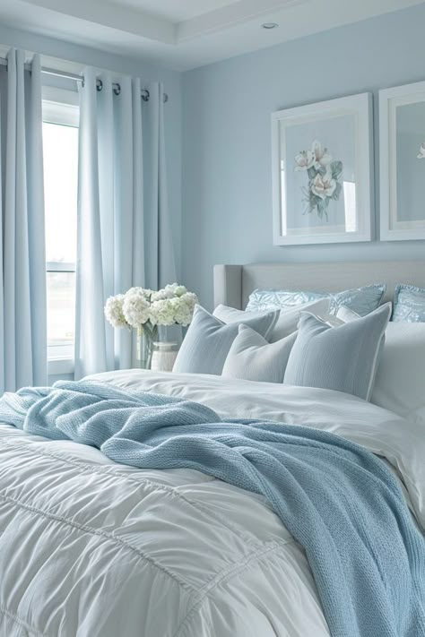 Light Blue White And Silver Bedroom Decor, Light Blue Room Color Scheme, Blue Color Bedroom Design, Light Airy Bedroom Paint Colors, Soft Bedroom Colors Wall, White Bed Blue Walls, Light Blue And White Room Bedroom, Room Inspo Color Scheme, Soft Blue Bedroom Walls