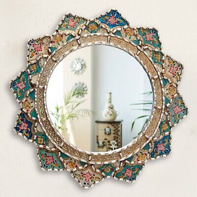 MirrorTraders.com Round Wall Mirror, "Floral Paradise " - Peruvian Handicrafts. Beautifully handcrafted in Peru. This round mirror ”cuscaja” is created entirely by hand using the reverse painted glass style. Decorated with handmade flowers on turquoise and white tones. Round Mirror Decor, Painting On Glass, Wall Mirrors Set, Reverse Painted Glass, Carved Wood Frame, Mirror For Bathroom, Mosaic Mirror, Turquoise Accents, Oval Wall Mirror