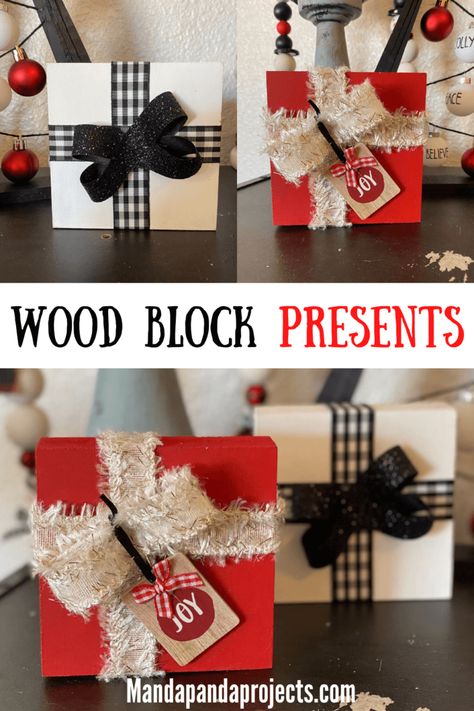 Diy Wooden Block Christmas Decorations, Wood Cube Christmas Crafts, Wooden Block Christmas Presents, Square Wooden Christmas Ornaments, Wood Block Presents Christmas Crafts, 2x6 Wood Projects Diy Christmas, Christmas Scrap Wood Crafts, Christmas 2x4 Wood Crafts Diy, Wood Block Crafts Diy Project Ideas