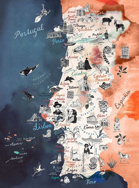 Portugal Map : Theresa Grieben Portugal Art Illustration, Line Art Poster Design, Portugal Map Illustration, Portugal Aesthetic Vintage, Portuguese Aesthetic, Portugal Wallpaper, Portuguese Decor, Portugal Illustration, Map Of Portugal