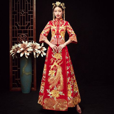 Oversize 4XL 5XL 6XL Bride Dress Wedding Dress Retro Dress Chinese Cheongsam Dress The Bride Toast Clothing Long Section _ - AliExpress Mobile Qipao Gown, Red Bridal Gown, Chinese Cheongsam Dress, Traditional Chinese Wedding, Chinese Traditional Dress, Chinese Cheongsam, Gown Plus Size, Qipao Dress, Dress Retro