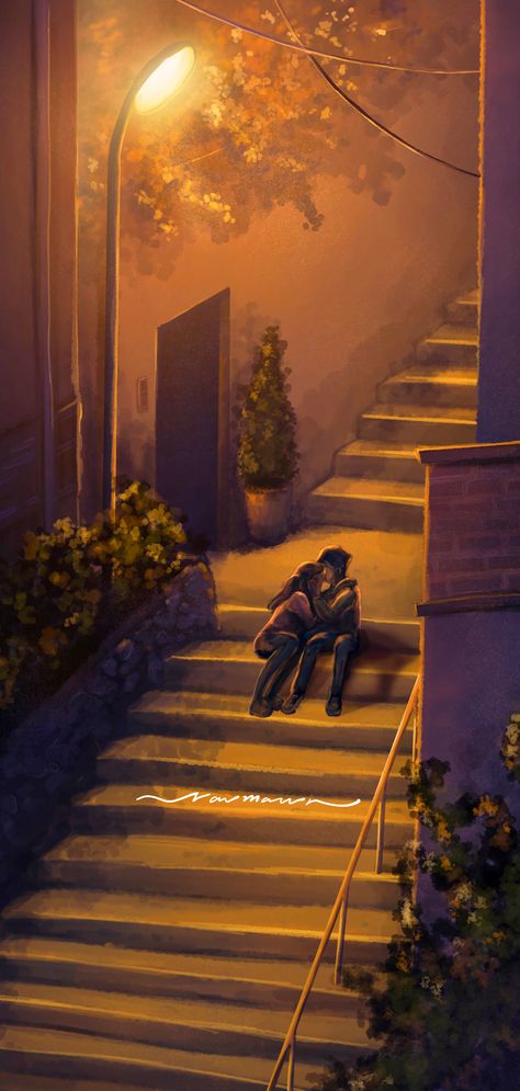 Lovers having a moment the in the dimly lit steep staircases of the narrow alleys of residential Seoul. | Prints also available @redbubble | #nightscape #night #city #scenery #digitalpainting #digitalart #korea #couple #romantic #drawing