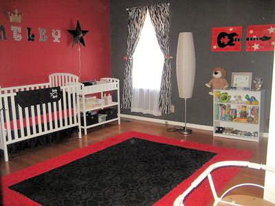 Baby boy rock star nursery theme in red, black and white with Fender guitar and rockstar baby bedding Guitar Nursery, Red Crib, Star Themed Nursery, Baby Nursery Ideas, Red Nursery, Black Nursery, Baby Boy Bedding, Baby Crib Bedding, Star Nursery