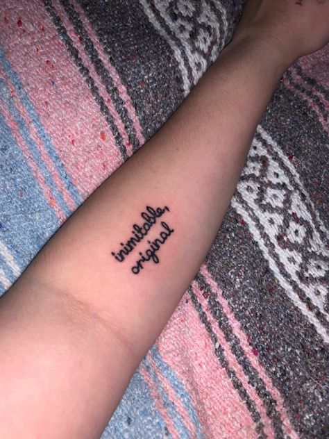 Image shows a 1.5 inch tattoo of the words “inimitable, original” stacked on top of each other on the upper forearm Hamilton Wait For It Tattoo, Wait For It Tattoo Hamilton, Hamilton Tattoo Ideas, Wait For It Hamilton, Hamilton Wait For It, Hamilton Tattoo, Fear Tattoo, Tattoo 2023, Bff Tattoos