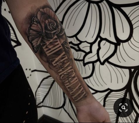 Memorial Tattoo Roman Numerals, Roman Numeral Sleeve Tattoo, Sunflower Roman Numeral Tattoo, Roman Forearm Tattoo, Roman Numerals Arm Tattoo, Hood Sleeve Tattoo, Date Wrist Tattoos, Name Forearm Tattoo Men, Flower Butterfly Tattoo Sleeve