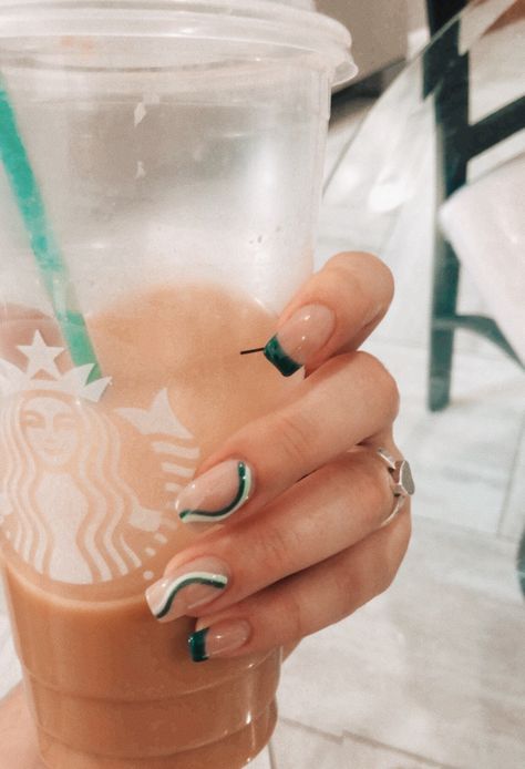 White French Tip With Green Line, French Dip Nails With Design, Swirly French Tip Nails, French Tip Accent Nail, Nail Designs Dip Powder, Swirl French Tip Nails, Swirled Nails, Two Color French Tip Nails, Woman Essentials