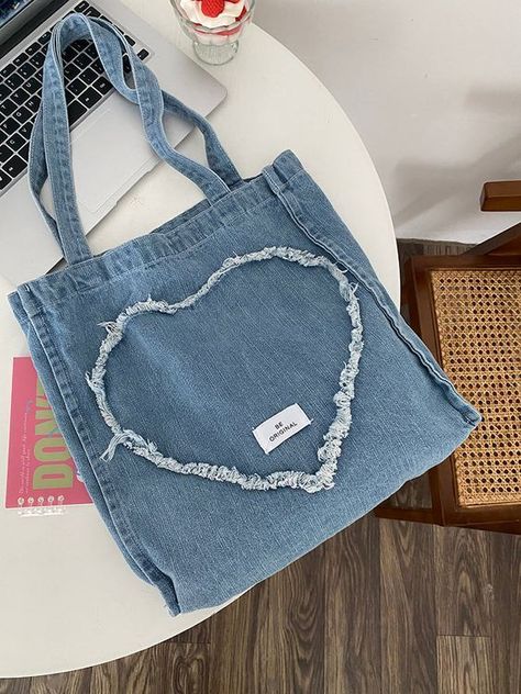 Tang Heart Patch Tote Bag #jeansbagdiyideas #jeansbagdiyeasy #jeansbagdiypattern Jeans Bag Diy, Patch Tote Bag, Stylish Leather Bags, Denim Bag Diy, Handmade Fabric Bags, Denim Shoulder Bag, My Style Bags, Diy Bag Designs, Heart Patch