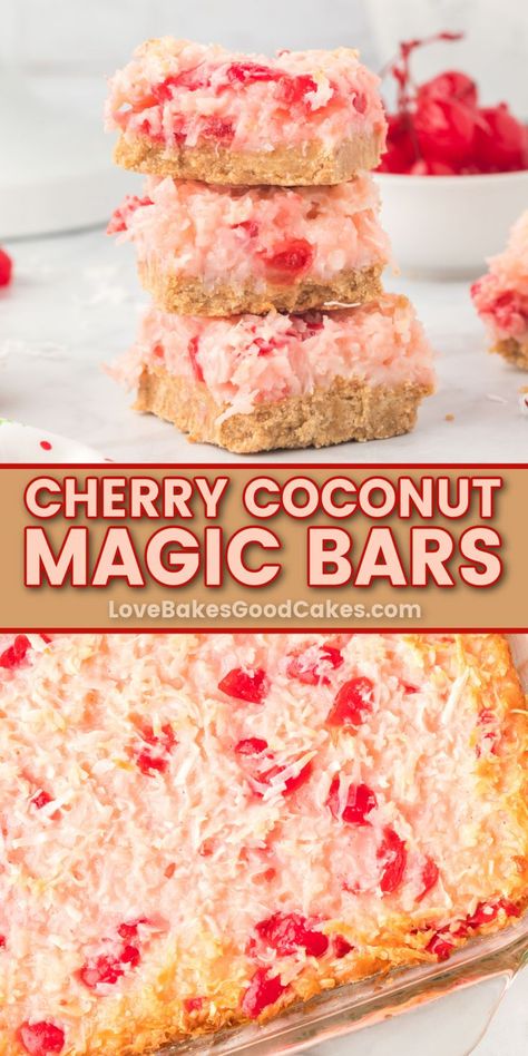 Cherry Coconut Magic Bars pin collage Coconut Magic Bars, Air Fryer Hacks, Chocolate And Coconut, Cherry Coconut, Magic Bars, Fruity Treats, Coconut Desserts, Cherry Desserts, Dessert Bar Recipe