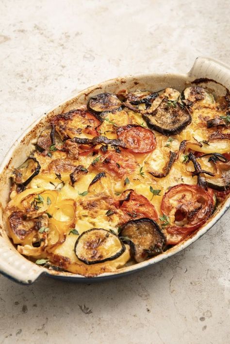 This is a colourful, veg-packed version of tartiflette that replaces some of the potatoes with layers of courgette, aubergine and tomatoes, along with Brillat-Savarin cheese. While tartiflette is traditionally made with Reblochon, Brillat-Savarin is another soft French cheese that works really well with the potatoes. Tartiflette Recipe, Ratatouille Recipe, French Cheese, Cheese Dishes, Cheese Lover, Meatless Meals, Fruit And Veg, Food For Thought, Gourmet Recipes