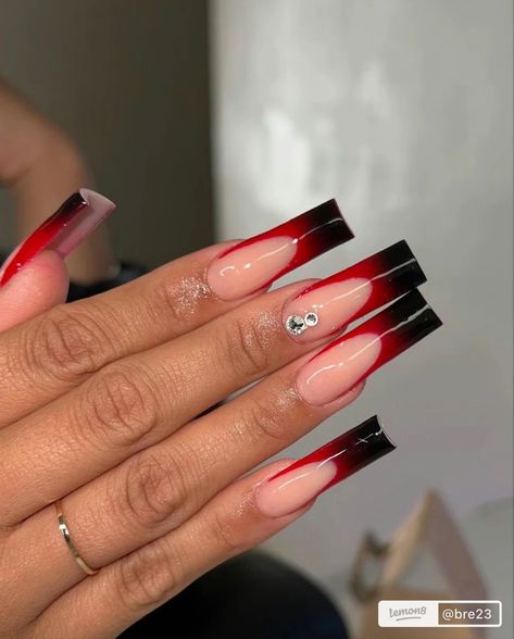 Red And Black Nails French Tips, Black N Red Nails, Red N Black Nails, Revenge Nails, Red And Black Prom Nails, Black And Red French Tip Nails, Atl Nails, Red And Black Nails, Long Red Nails