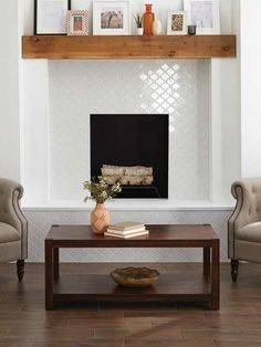 Arabesque Tiled Fireplaces Tiles On Fireplace, White Arabesque Tile, Subway Tile Fireplace, Tiled Fireplace Wall, Tile Around Fireplace, Fireplace Tile Ideas, Subway Tile Design, Fireplace Feature Wall, Fireplace Living Room