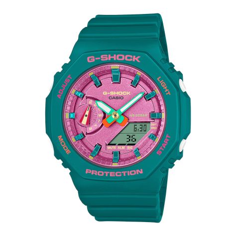 Brighten up your summer days with some vibrant G-SHOCK color. The GMA-S2100 features a flat dial and simple bar indexes, each of the components bringing a different color to your fun and festive celebration of the sunniest time of year. Gshock Watch Women, G Shock Watches Women, Baby G Shock, Casio Gshock, Casio G Shock Watches, Elapsed Time, Watches Women, G Shock Watches, Baby G