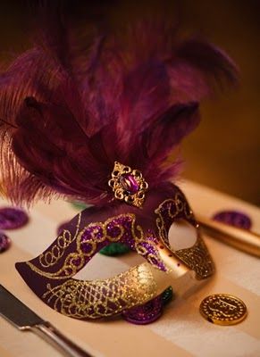 Mardi gras mask at a placesetting                                                                                                                                                                                 More Mardi Gras Masks, Masquerade Theme, Masquerade Wedding, Masked Ball, Behind The Mask, Mask Masquerade, Venetian Masks, Masquerade Masks, Mardi Gras Mask