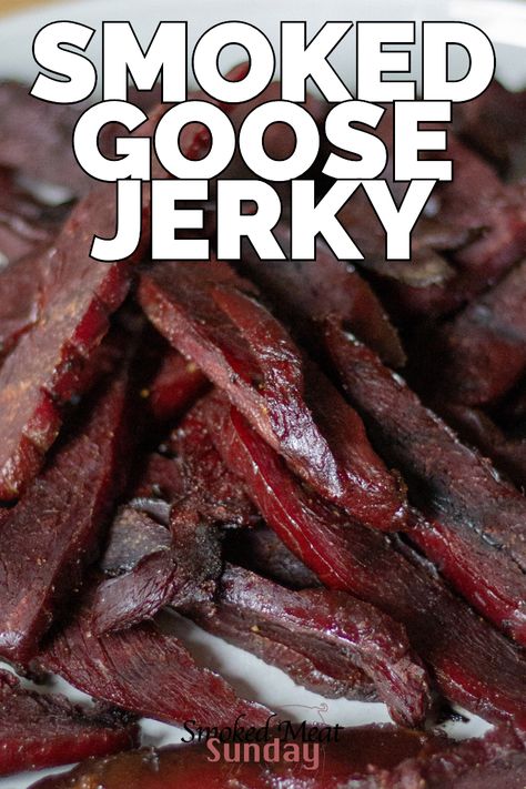 Have you ever had goose? This smoked goose jerky recipe is simple, and makes goose taste AMAZING! A tough feat.  #traegerrecipe #wildgame Goose Jerky Recipe, Smoked Goose Recipes, Goose Jerky, Goose Breast Recipe, Cooked Goose, Smoked Goose, Smoked Beef Jerky, Goose Recipes, Jerky Recipe