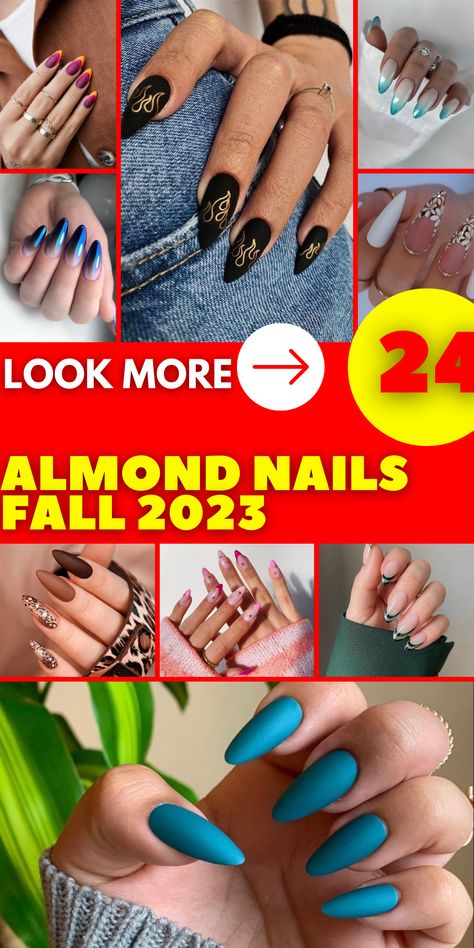 Stay on-trend this fall with these stunning almond nail ideas for 2023. Explore a variety of designs, from short and cute to edgy and modern. Embrace the autumnal color palette with dark, rich shades, or opt for unique brown and green hues. These almond nails will add a touch of glamour and sophistication to your fall fashion statement. Contrasting Color Nails, Trending Almond Nails, Almond Nails Fall, Trends For Fall 2023, Nail Ideas For 2023, Almond Nail Ideas, Fall Almond Nails, Mail Designs, Negative Space Nail Art