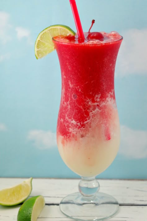 Half Strawberry Daiquiri and half Pina Colada, this delicious, frozen drink hybrid know as a Miami Vice Mocktail is a delicious non alcoholic version of the favorite Miami Vice cocktail. It' s a cool and refreshing summer drink! #mocktail #miamivice #nonalcoholic #mocktailrecipe #drink #summer Miami Vice Drink, Half Strawberry, Drink Mocktail, Summer Drinks Nonalcoholic, Drinks Nonalcoholic, Mocktail Drinks, Kid Friendly Drinks, Alcohol Free Drinks, Frozen Drink