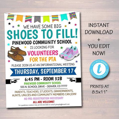 Purchase Volunteer Recruitment Flyer Big Shoes to Fill Printable Template Pta Organization, Pto Flyers, Recruitment Flyer, Pta Membership, Church Volunteers, Pta Fundraising, Volunteer Recruitment, Organization Business, School Pto