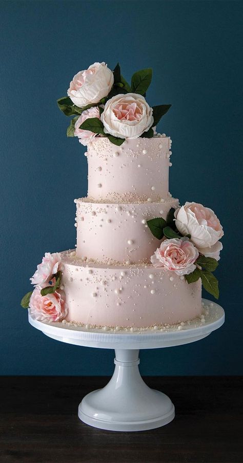 Wedding Cake Pi K, Butter Cream Wedding Cakes, 3tier Wedding Cake, Wedding Cakes Pink, Wedding Cakes With Pearls, Blush Pink Cake, Cake With Pearls And Flowers, Pink Wedding Cakes, Buttercream Wedding Cake Designs