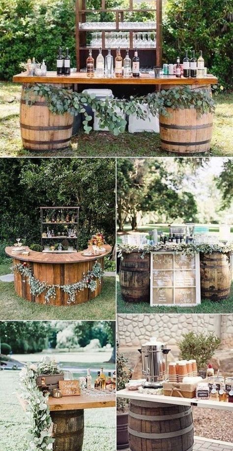 Rustic charm 🌾 meets elegant outdoor festivities 🎉 with these barrel-themed bar setups 🍷🍻. Wedding Drink Station Ideas, Drink Station Ideas, Fall Wedding Drinks, Bar En Plein Air, Wedding Drink Bar, Wedding Drink Station, Marriage Day, Drink Bar, Rustic Fall Wedding