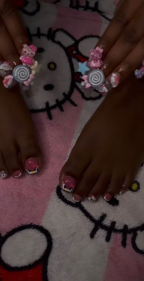 Hello Kitty French Tip Toes, Hello Kitty Toe Nails, Hello Kitty Hibiscus Nails, Hello Kitty Acrylic Toes, Hawaii Hello Kitty Nails, Hello Kitty Junk Nails, Island Twist, Unique Acrylic Nails Hello Kitty, Pink Tip Nails