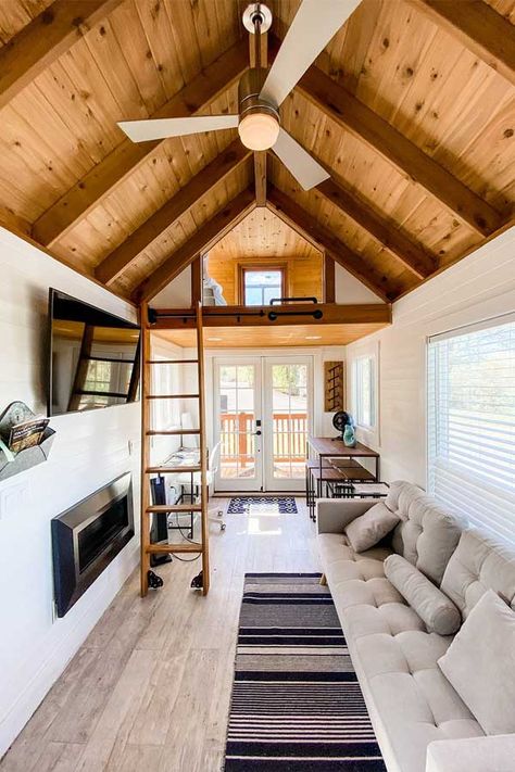 Tiny House Exposed Beams, She Shed Ceiling Ideas Tiny House, Tiny Home Wall Ideas, Tiny Home Ceiling, 10 By 16 Tiny House, Custom Tiny House, Tiny House Ceiling Ideas, Tiny Home Village Layout, Temporary Shop House