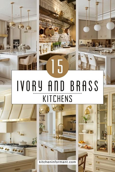 Ivory and Brass Kitchens: A Blend of Elegance and Modernity Champagne Kitchen Decor, Transitional Modern Kitchen, White And Brass Kitchen, Art Deco Kitchen Design, Brass Kitchen Fixtures, Ivory Kitchen Cabinets, Modern Gold Kitchen, Groovy Interiors, Ivory Cabinets