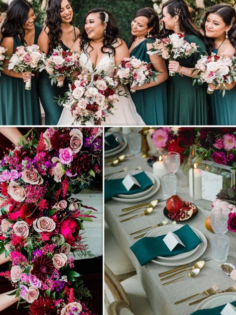 Hunter Green And Fuschia Wedding, Fucsia Wedding, Berry And Green Wedding, Dark Green And Pink Wedding Colors, Dark Magenta Wedding, Ruby And Emerald Wedding, Emerald And Pink Wedding Colors, Emerald And Pink Wedding Theme, Emerald And Berry Wedding