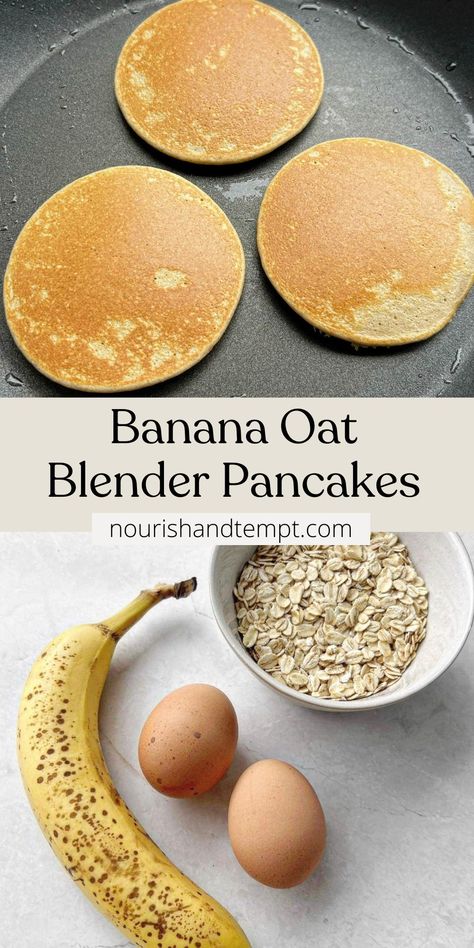 Banana oat pancakes on a fry-pan, along with a photo of the ingredients including banana, eggs and rolled oats. Banana Oatmeal Egg Pancake, Simple Toddler Breakfast Ideas, Banana Lunch Ideas, Easy One Year Old Breakfast, 9 Month Old Pancakes, Banana Oat Pancakes Baby, Baby Pancakes Recipe 8 Month Old, Egg Recipes For Toddlers, Quick Pancake Recipe 3 Ingredients