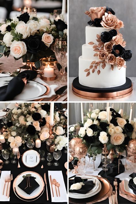 Black and Rose Gold Wedding Color Ideas: Beautiful Black, Rose Gold, and White Ideas - Francisca's Bridal All Black Wedding Theme, Dark Wedding Theme Color Schemes, Rose Gold And Black Wedding Theme, Rose Gold And Black Party Theme, Black Spring Wedding, Wedding Color Schemes Black, Black Wedding Color Schemes, Dark Wedding Aesthetic, Black And Rose Gold Wedding