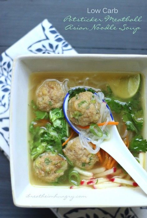 A low carb Asian inspired Meatball recipe from Mellissa Sevigny of I Breathe Im Hungry Asian Noodle Soup, Meatballs Keto, Asian Soup Noodle, Low Carb Soup Recipes, Asian Noodle, Noodle Soup Recipe, Asian Noodles, Low Carb Soup, Asian Soup