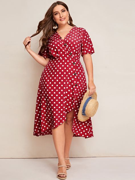 Plus Button Front Polka Dot Asymmetrical Hem Dress | SHEIN USA Gypsycore Fashion, Western Winter Fashion, Winter Fashion For Women, Plus Size Wedding Guest Dress, Western Winter, Polka Dot Summer Dresses, Outfits Gorditas, Plus Size Style, Dot Print Dress