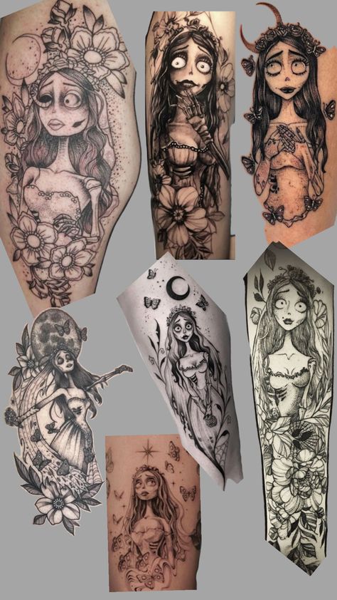 Halloween Themed Tattoos Sleeve, Tim Burton Leg Sleeve Tattoo, Dark Alice In Wonderland Tattoo Ideas, Tim Burton Inspired Tattoos, Matching Tattoos For Married Couples, Tim Burton Tattoo Sleeve Ideas, Corpse Bride Tattoo Ideas, Dark Whimsical Aesthetic, Tim Burton Tattoo Ideas