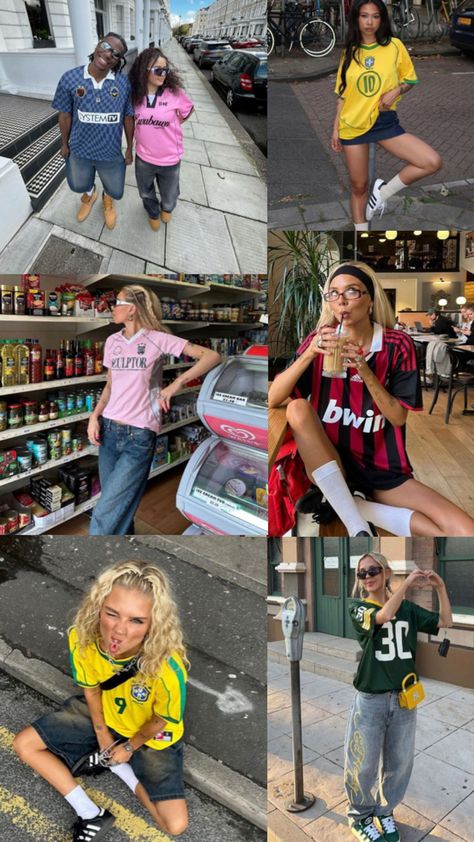 collage of people wearing aesthetic sports jerseys with big pants or big shorts Sport Jersey Outfit Women, Clothing Inspo Aesthetic, Trendy Poses, Adidas Shorts Outfit, Jerseys Outfit, Sports Jersey Outfit, Casual Outfits Trendy, Big Shorts, Adidas Outfit Shoes